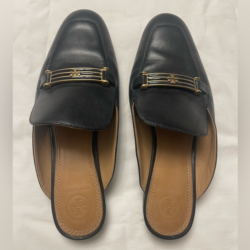 Tory Burch Black Leather Backless Loafers with Gold Hardware